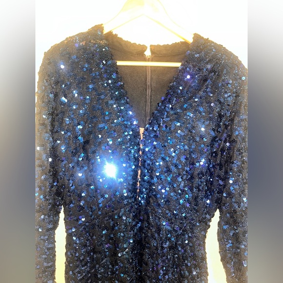 Lilli Diamond Original 60s 70s TRUE VINTAGE Blue Maxi Sequin Dress Long Sleeve L - Picture 4 of 14